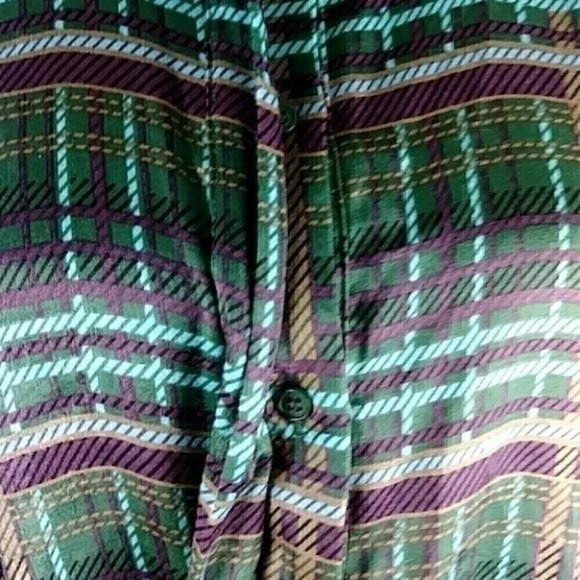 JOA Green Satin Plaid Tie Front Silky Long Sleeve Top Tie Front Button Down - Picture 9 of 15